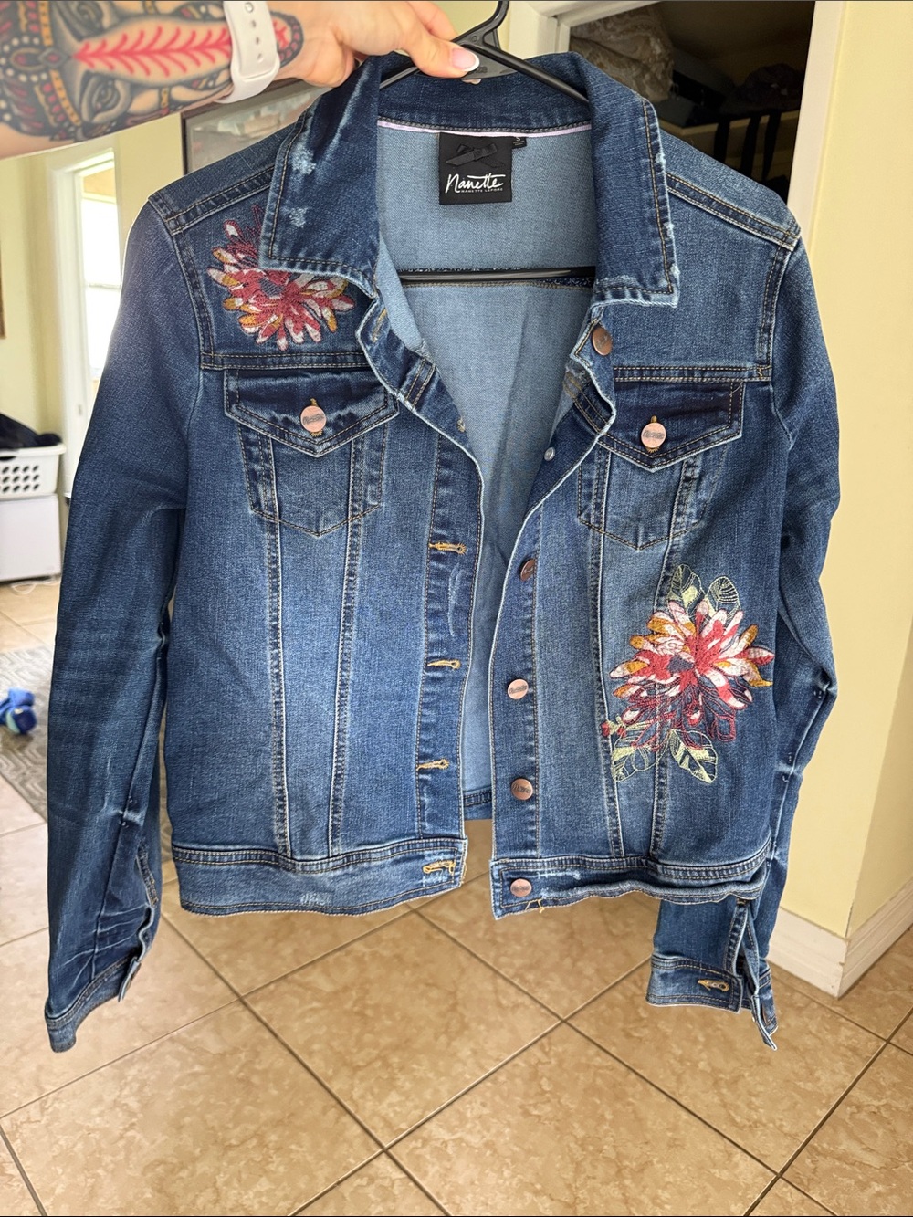 Nanette Lepore Blue Denim Jacket with Floral Embroidery